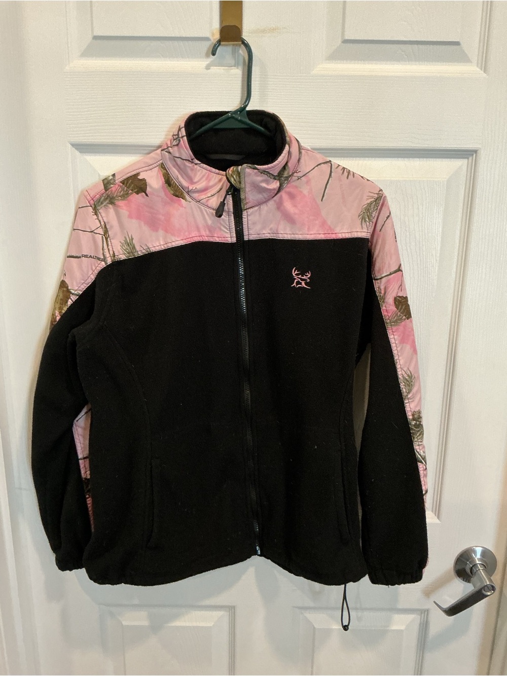 Ladies ' Black & Pink Fleece Jacket with Camouflage Accents